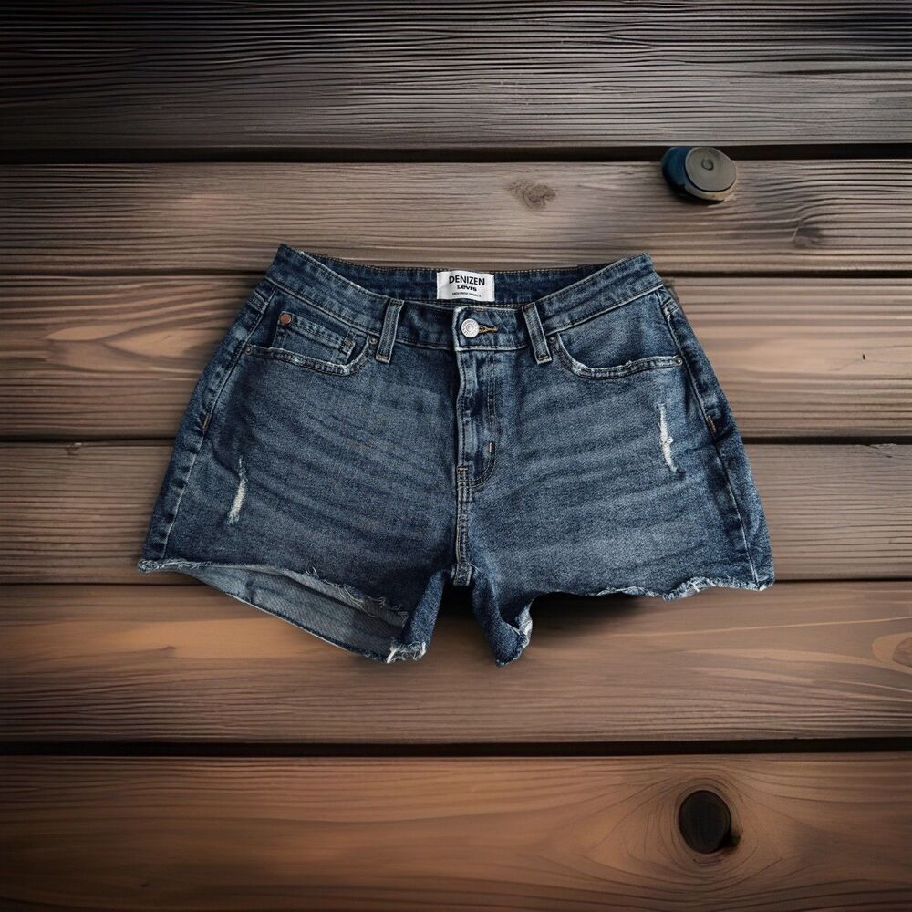Denizen High Rise Shorts 6 (W28) Blue Distressed Denim Stretch Casual Womens